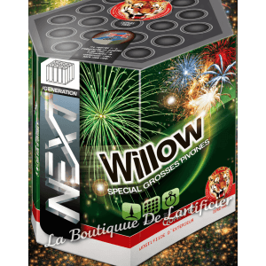 Compact WILLOW – 19 Coups Pivoines Colorées avec Bouquet Final Crépitant Doré - La Boutique De L'artificier