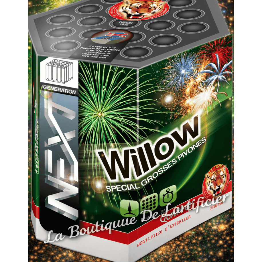 Compact WILLOW – 19 Coups Pivoines Colorées avec Bouquet Final Crépitant Doré - La Boutique De L'artificier