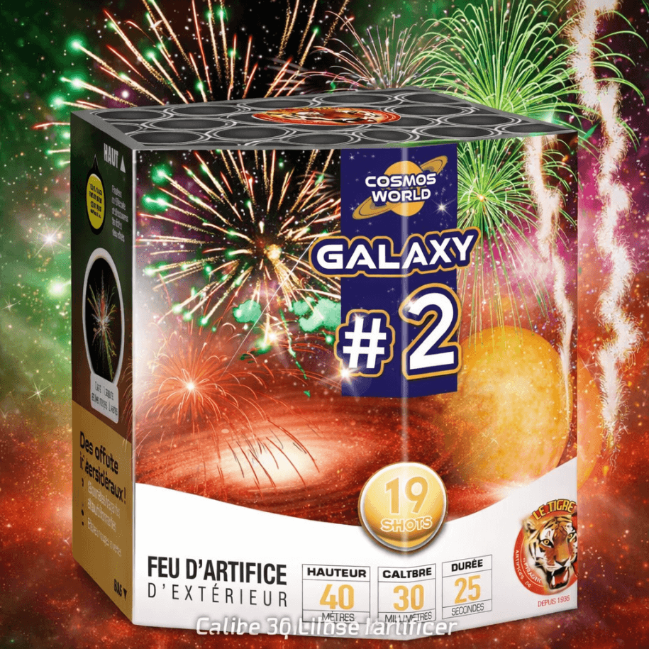 Compact GALAXY 2 – 19 Coups Comètes Traçantes Sifflantes Rouge et Vert - La Boutique De L'artificier