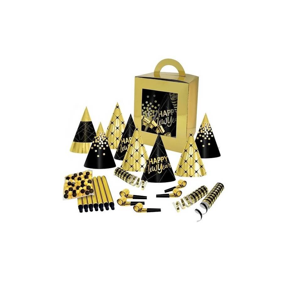 23823 - Kit cotillons boîte 10 personnes - or et noir