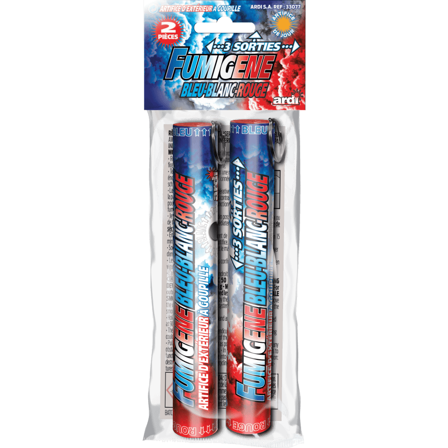 33077 - FUMIGÈNES À GOUPILLE 3 SORTIES BLEU BLANC ROUGE