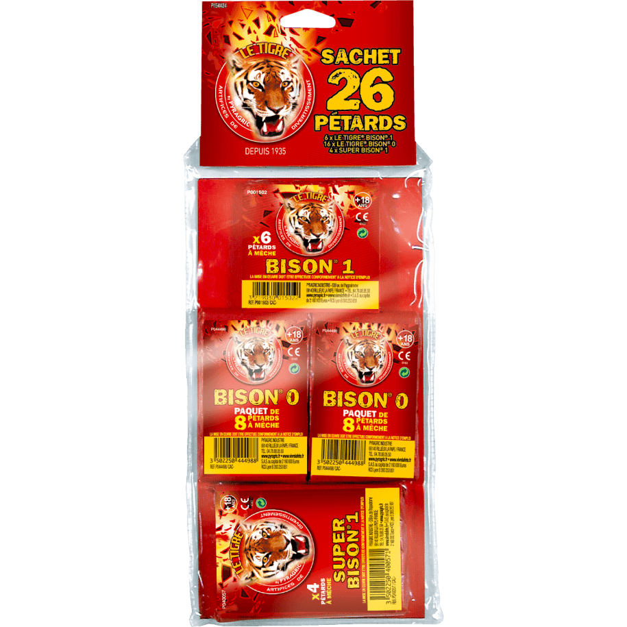 P167233 - Sachet 48 Pétards Le Tigre Pyragric – Assortiment Bison N°0, N°1 + E-4 F2
