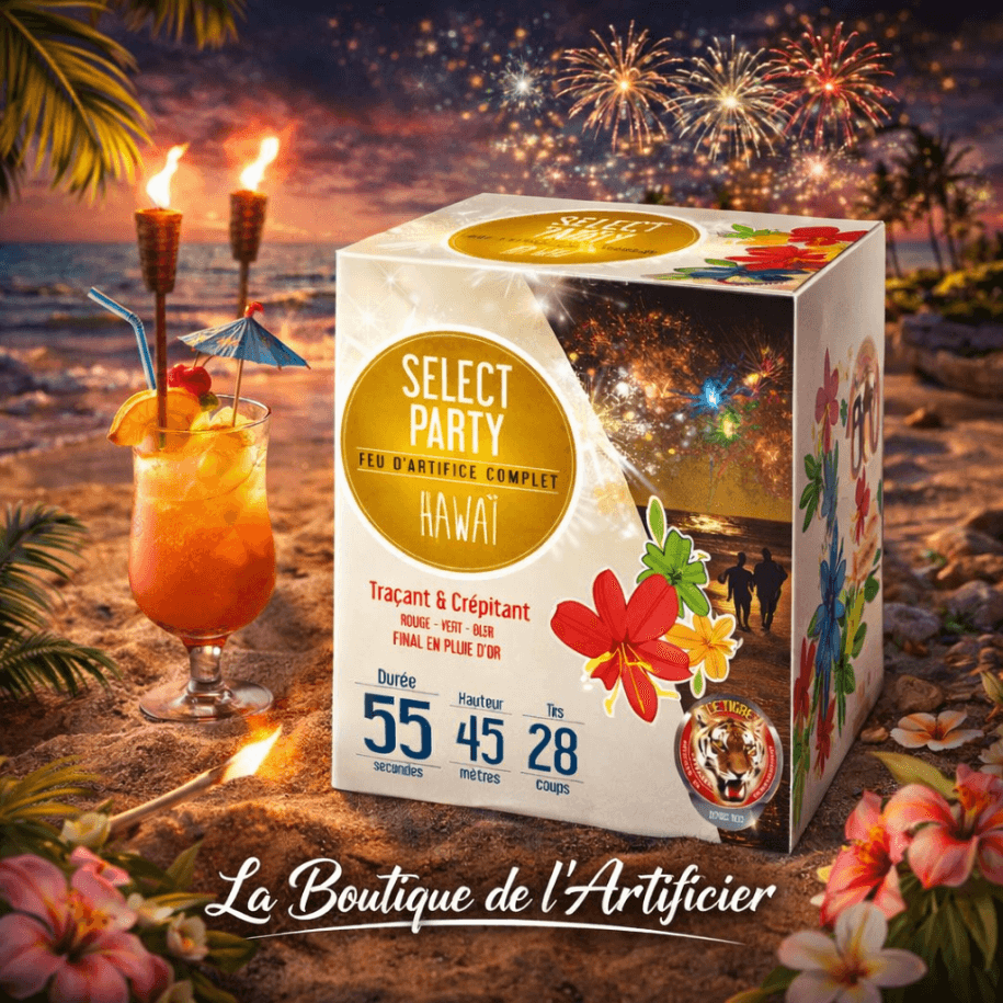 P150918 - Feu d’artifice Hawaï 28 coups – 55 sec – Batterie compacte effets intenses F2
