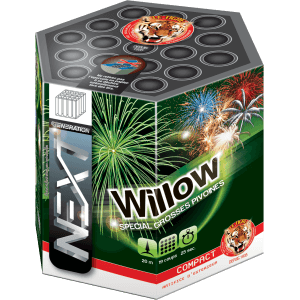 Compact WILLOW – 19 Coups Pivoines Colorées avec Bouquet Final Crépitant Doré - La Boutique De L'artificier